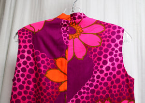 Vintage 1960's - McInerny's Honolulu-  2 PC Barkcloth Bright Floral , Sleeveless Tunic Split Sides Maxi Dress & matching Pants - Size 10 (Vintage, See Measurements 24" Unstretched Waist/Pants)