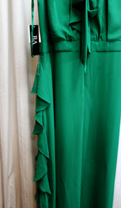 B&A, Betsy & Adam - Emerald Green, Sleeveless Pleated Bodice, Side Ruffle, Sheer Over Short Lining, Special Occasion Maxi Dress - Size 14 (w/ Tags)