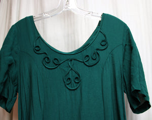 Vintage - Marian & Maral - Green Short Sleeve Lace Up Back, Scrollwork Applique Bodice Dress - Size M