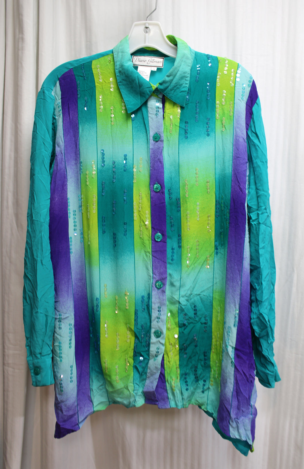 Diane Gilman - 100% Silk, Lightweight, Blues, Purple & Green Gradients Button Front Shirt w/ Sequin Detailing - Size 1X