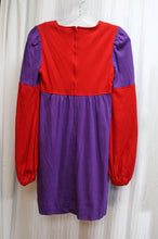 Load image into Gallery viewer, Vintage 1960&#39;s Plain Jane - Purple &amp; Red Long Sleeve Patchwork Color Block Mini Dress - See Measurements 14&quot; Chest (pit to pit)