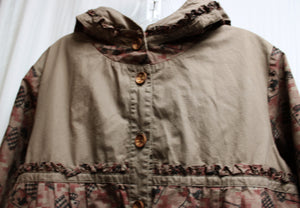 Datura Paris - Alice & Wonderland Print, Frill Ruffle Coat w/ Front Pockets & Hood - See Measurements 17" Shoulders