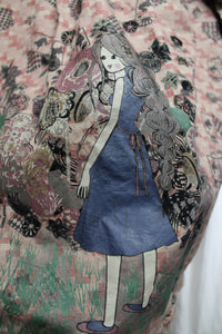 Datura Paris - Alice & Wonderland Print, Frill Ruffle Coat w/ Front Pockets & Hood - See Measurements 17" Shoulders