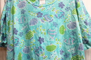 Vintage - Copa Cabana - Tropical w/ Fish Print Short Sleeve Tunic Dress - Size 3X