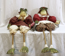 Load image into Gallery viewer, Pair of Handmade Ribbit Frog Sisters Shelf Sitter Dolls 30&quot;
