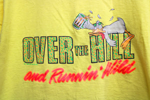 Vintage 1989, Single Stitch - Yellow "Over the Hill and Running Wild" Drunk Duck Graphic, Air Waves Inc. T-Shirt - Size L