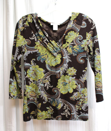 Harold's - 3/4th Sleeve Floral & Filigree V-Neck Top - Size S