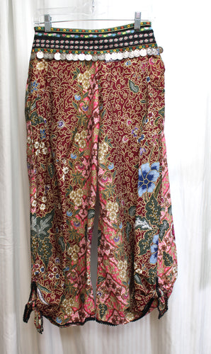 Unique Handmade, Bohemian Print w/ Ribbon & Coin Detailing at Waist w/ Front Pockets - Harem Pants - Size S