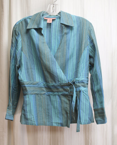 Bandolino - Stripe Blues Linen/Rayon Blend Light Weight Jacket w/Cross Front Buckle Closure - Size 8