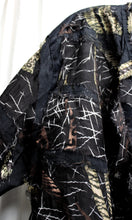 Load image into Gallery viewer, Chico&#39;s - Black Cotton/Silk Mixed Patchwork Animal Print w/ frayed &quot;fringe&quot; Neckline Light Weight Jacket - Size 1 (Chico&#39;s Sizing) (M/8)