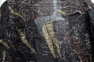 Chico's - Black Cotton/Silk Mixed Patchwork Animal Print w/ frayed "fringe" Neckline Light Weight Jacket - Size 1 (Chico's Sizing) (M/8)