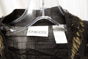 Chico's - Black Cotton/Silk Mixed Patchwork Animal Print w/ frayed "fringe" Neckline Light Weight Jacket - Size 1 (Chico's Sizing) (M/8)