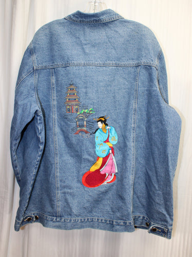 Vintage - High Sierra - Unique Customized Japanese Geisha Embroidered (Back) Denim Trucker Jacket - Size 2XL