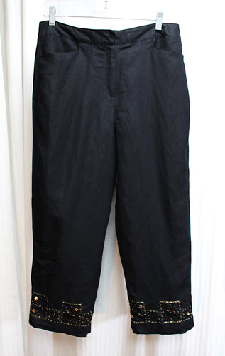Larry Levine - Black Linen Blend Pants w/ Copper, Black & Mirror Beading Detail on Hem Area - Size 10