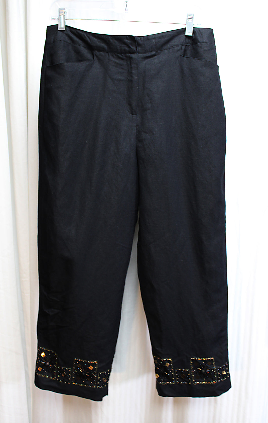 Larry Levine - Black Linen Blend Pants w/ Copper, Black & Mirror Beading Detail on Hem Area - Size 10