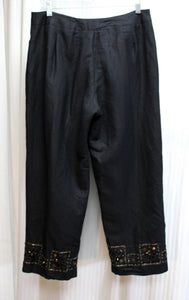 Larry Levine - Black Linen Blend Pants w/ Copper, Black & Mirror Beading Detail on Hem Area - Size 10