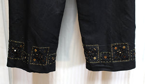 Larry Levine - Black Linen Blend Pants w/ Copper, Black & Mirror Beading Detail on Hem Area - Size 10