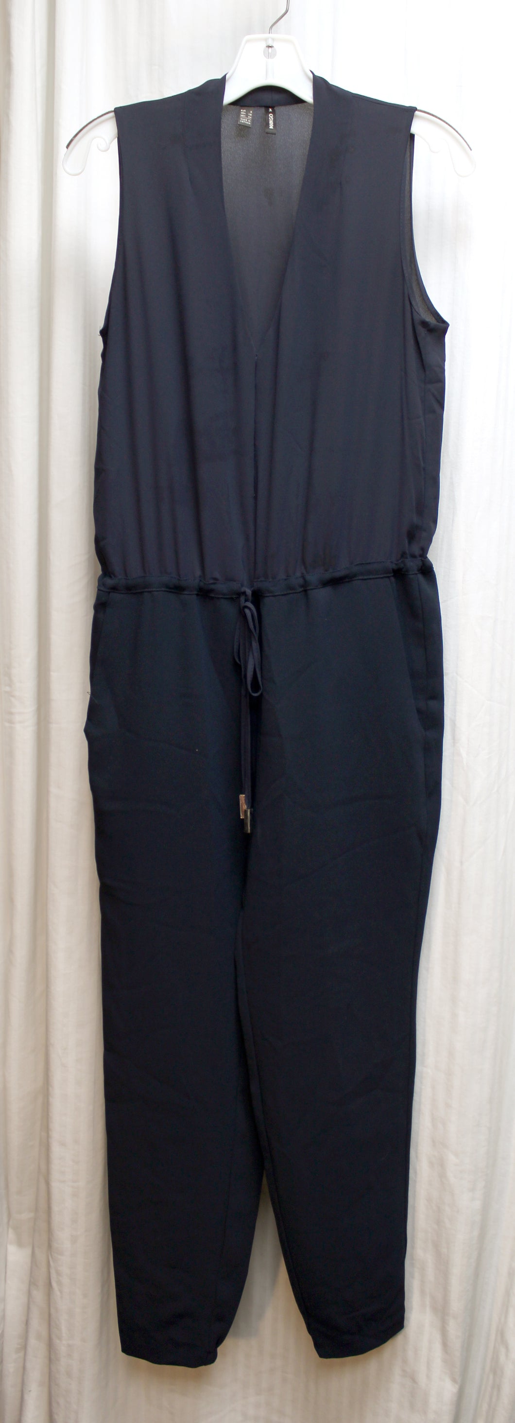 Mango (Suit) - Navy Sleeveless, Semi Sheer Bodice, Drawstring Waist Jumpsuit - Size XS