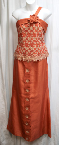 Vintage - 2PC Orange w/ Copper Metallic Embroidery Special Occasion Skirt & One Shoulder Strap Bodice Set - See Measurements 27.75
