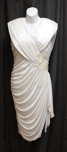 Vintage 1980's - Abby Kent - White Draped & Ruched White Cocktail Dress w/ Iridescent Sequins & Beading - (See Measurements 28.5