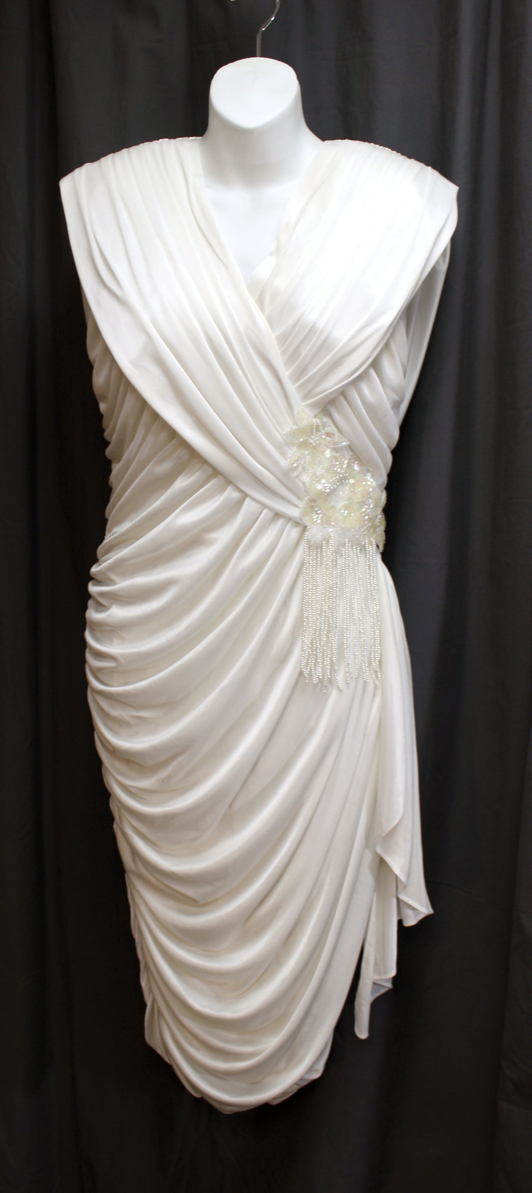 Vintage 1980's - Abby Kent - White Draped & Ruched White Cocktail Dress w/ Iridescent Sequins & Beading - (See Measurements 28.5