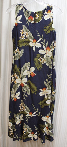 Vintage - Two Palms - Navy Tropical Print Sleeveless Dress w/ Ruffle Hem - Size S
