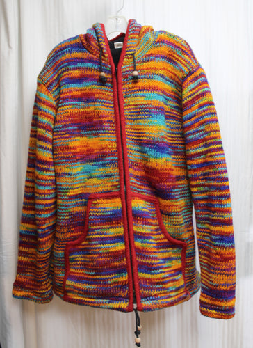 Men's, Hand Knitted 100% Wool, Rainbow Zip Up Hooded Jacket - Size XL