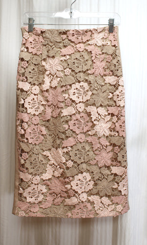 Calvin Klein - Taupe & Pink Crocheted Lace over Lining w/ Tuxedo Side Stripes Skirt - Size 2