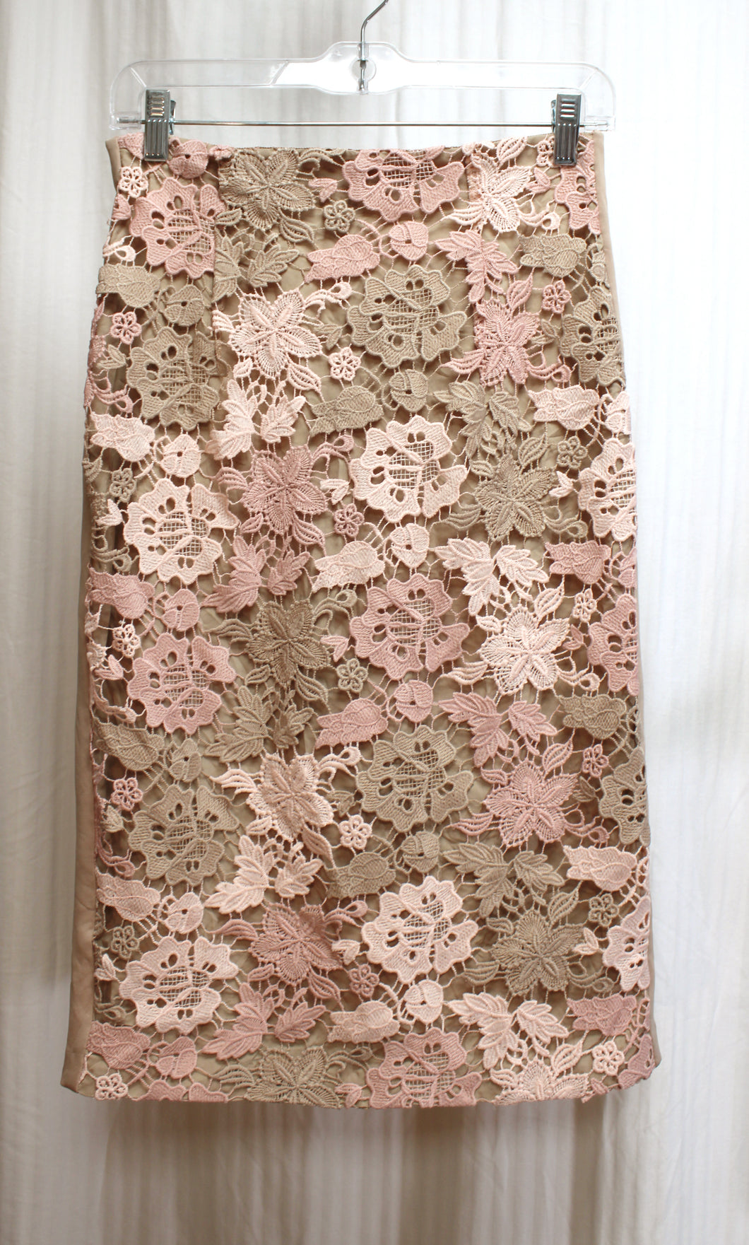 Calvin Klein - Taupe & Pink Crocheted Lace over Lining w/ Tuxedo Side Stripes Skirt - Size 2