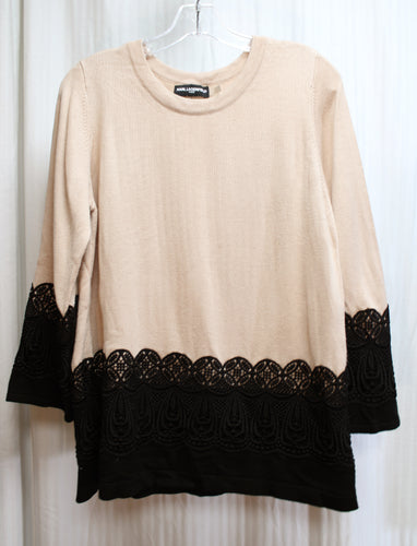 Karl Lagerfeld - Rosey Beige & Black Lace 3/4th Sleeve Pullover Sweater - Size M