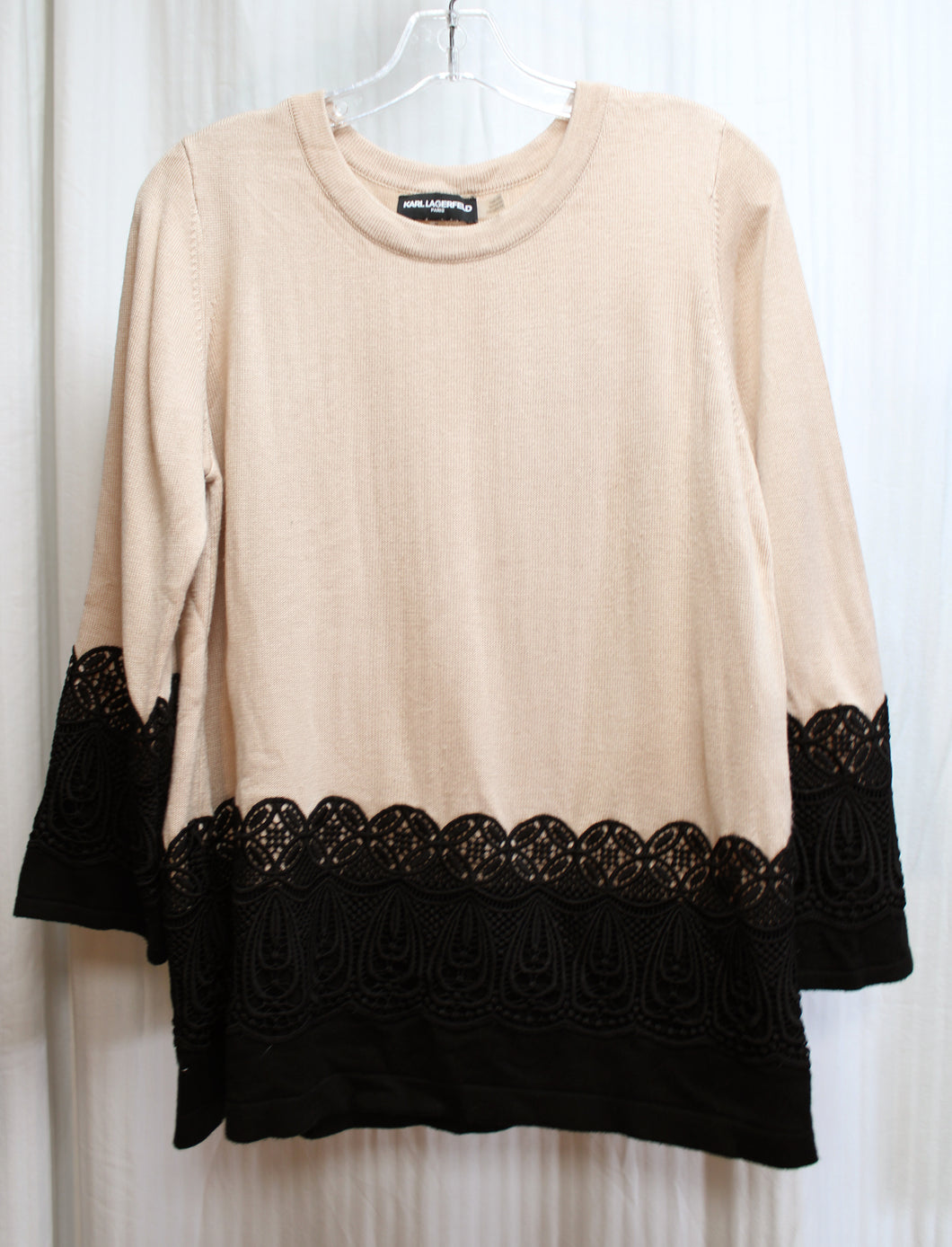 Karl Lagerfeld - Rosey Beige & Black Lace 3/4th Sleeve Pullover Sweater - Size M