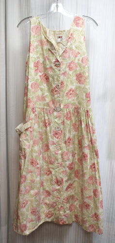 Vintage - Worldly Designs - Adorable Sleeveless Cottage Core Roses Print w/ Unique Enamel Decorative Buttons Pinafore Dress - Size XL