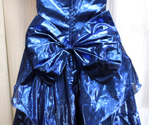 Vintage 80's - Zum Zum - Strapless Metallic Blue Lamé, Poof Skirt Party /Prom Dress w/ Back Bow - Size 5/6 (Vintage See Measurements 24" Waist)