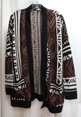 Ecote - Black, Brown & White Tribal Pattern, Oversized Tunic Length Open Front Cardigan w/ Pockets - Size M
