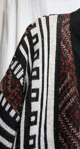 Ecote - Black, Brown & White Tribal Pattern, Oversized Tunic Length Open Front Cardigan w/ Pockets - Size M