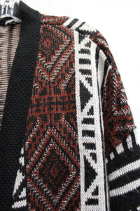 Ecote - Black, Brown & White Tribal Pattern, Oversized Tunic Length Open Front Cardigan w/ Pockets - Size M