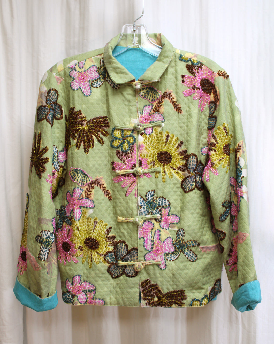 Handmade Asian- Heavily Beaded Floral Jacket w/ Frog Closures - 20