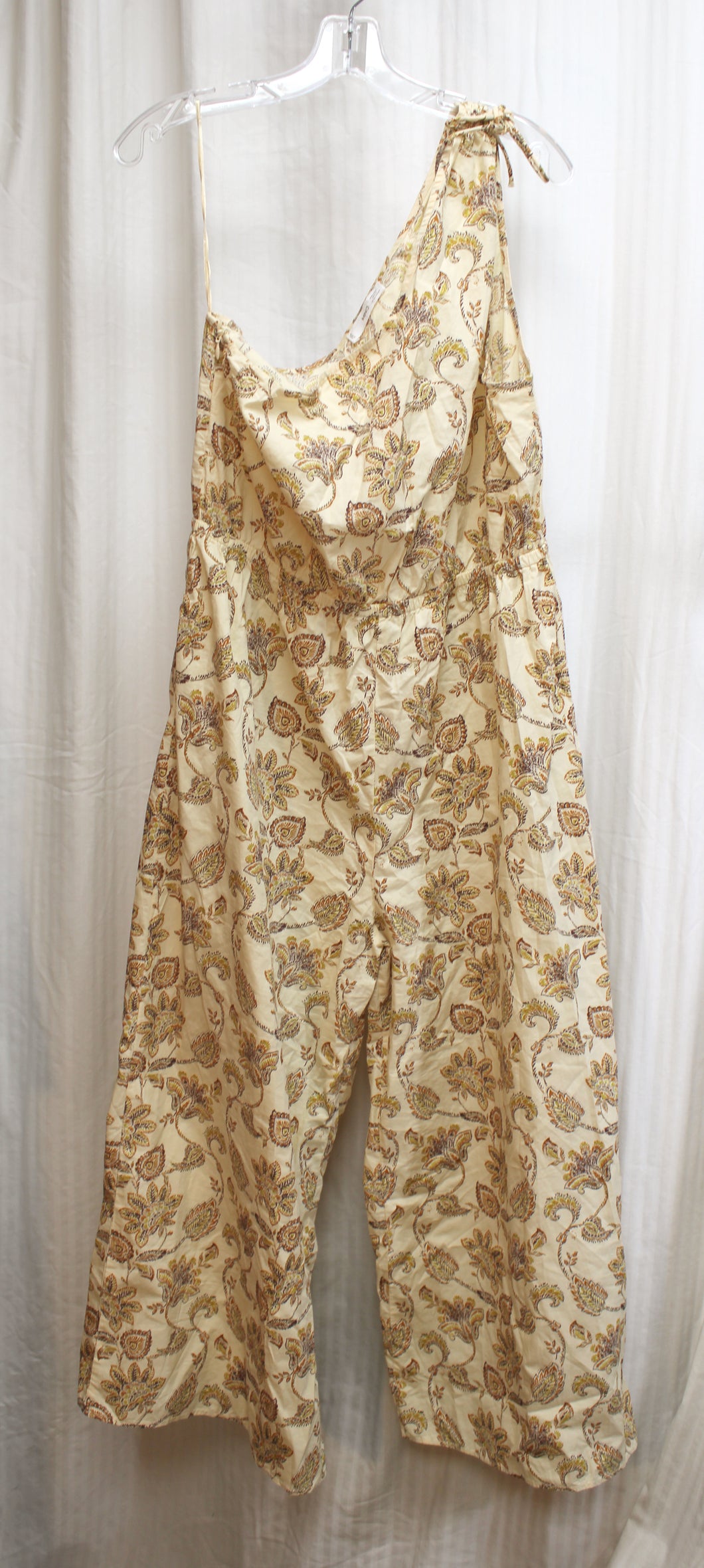 MNG (Mango) - Cotton Earth Tones Paisley One Shoulder, Wide Leg Jump Suit - Size L
