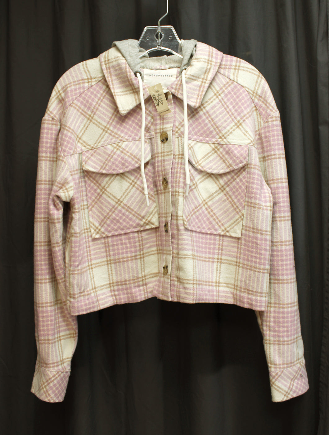 Aeropostale - Cream, Lavender & Brown Plaid Flannel Cropped Jacket w/ Hood - Size S