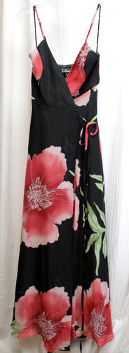 Lulus - Black &  Red Floral, Adjustable Spaghetti Strap, Flowy Wrap Maxi Dress - Size S