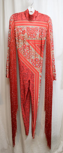 Red Diamante Bejeweled & Fringed (arms) Spandex Performance Jumpsuit Costume - Approx. Size S