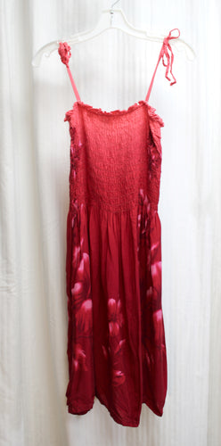 Vintage - Hibiscus Collection Hawaii - Tie Spaghetti Straps, Gradient Red Smocked Tropical Floral Bodice  Short Sun Dress - Size S