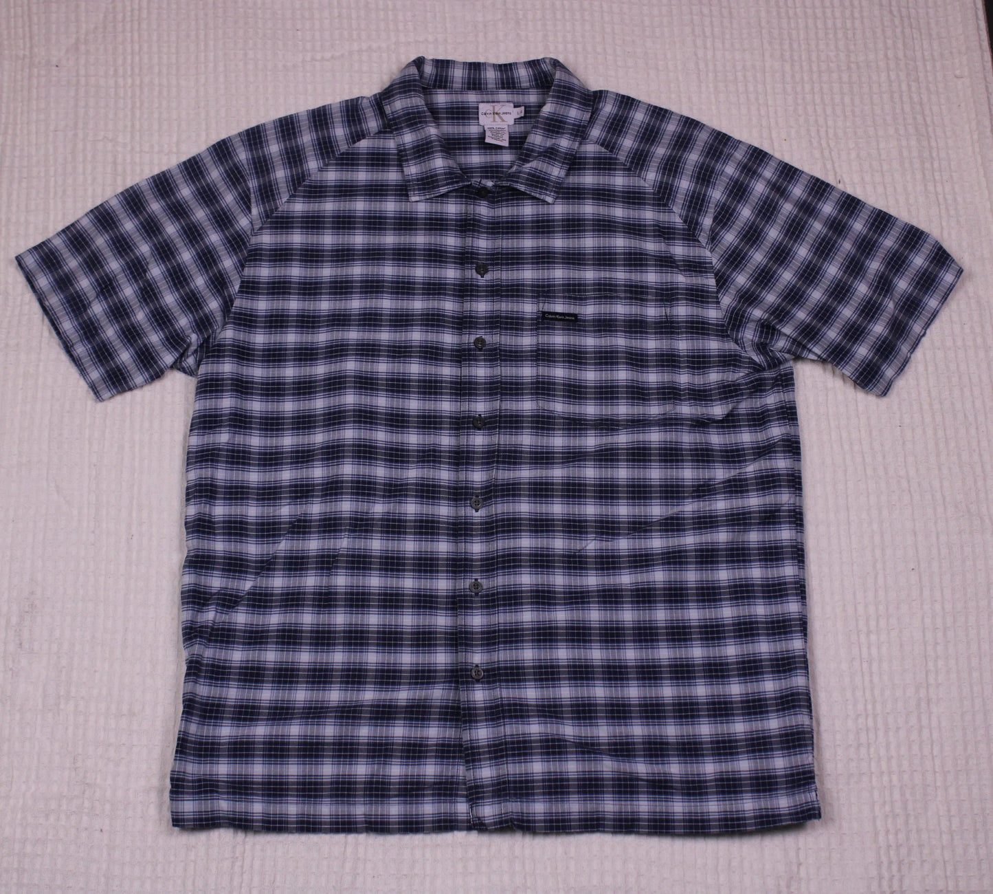 Calvin Klein Jeans - Blue & White Plaid Short Sleeve Collared Shirt - Size L