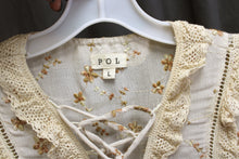 Load image into Gallery viewer, Pol- Beige &amp; Brown All Over Embroidered w/ Crochet Lace 1/2 Sleeve Boho Top - Size L