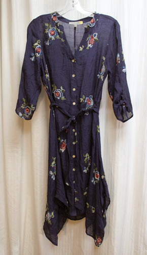 Figueroa & Flower - Navy 1/2 Sleeve, Lightweight & Flowy, Floral Embroidered, Handkerchief Hem Tie Waist Dress - Size S