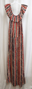 Canyon River Blues - Lightweight, Ruffle Neckline, Leaf Print Stripe Maxi Dress w/ Elastic Waist - Size L