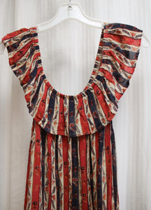 Canyon River Blues - Lightweight, Ruffle Neckline, Leaf Print Stripe Maxi Dress w/ Elastic Waist - Size L