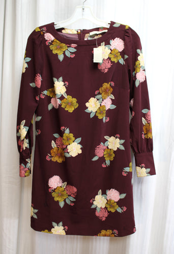 Loft - Merlot Floral, Long Sleeve Mini Dress - Size: 0 Petite (w/ Tags)
