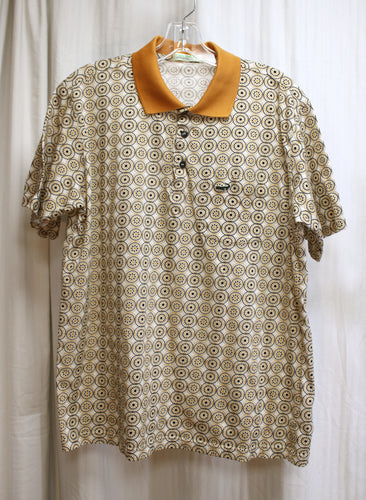 Men's Vintage - Crocodile (Thailand) Contrast Collar White w/Orange & Black Print Polo Shirt - Size L (See Measurements)