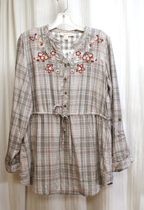 Coldwater Creek - Gray & Brick Red Flannel Plaid w/ Embroidery Tab Roll Up Long Sleeve, Drawstring Dress w/Pockets - Size: Petite S